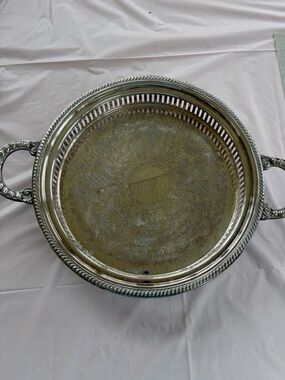 Ornate Silver-Tone Serving Tray with Handles